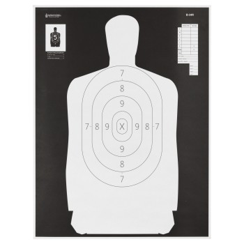 Action Target B-34R Reverse Qualification Target, 25 Yard Reduction Of B-27, Ivory Police Silhouette With Black Background, 17.5