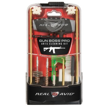 Real Avid Gun Boss Pro, Pro AR15 Cleaning Kit, Polycarbonate Kickstand Case, Multi-Function Handle, Four Brass Rod Sections, Fixed/Rotating Threaded Receiver, Tap Hammer, Slotted Tip, Brushes, Cleaning Patches, Wool Star Chamber Cleaning Pads, 3
