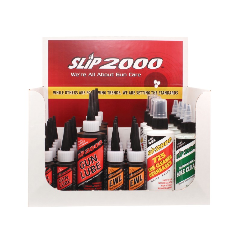 Slip 2000 36 Piece Counter Display, 12 Units #60001 1oz. Gun Lube, 4 Units #60006 4oz. Gun Lube, 12 Units #60317 1oz. EWL, 4 Units #60200 4oz. 725 Gun Cleaner/Degreaser, 4 Units #60104 4oz. Carbon Killer Bore Cleaner 60032